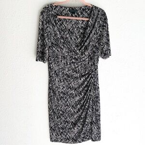 Lauren Ralph Lauren Black & White Abstract Wrap Dress Ruched Stretch Sz 14